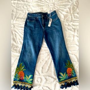 Chicos boutique denim. So slimming girlfriend slim leg. beading and embroidery